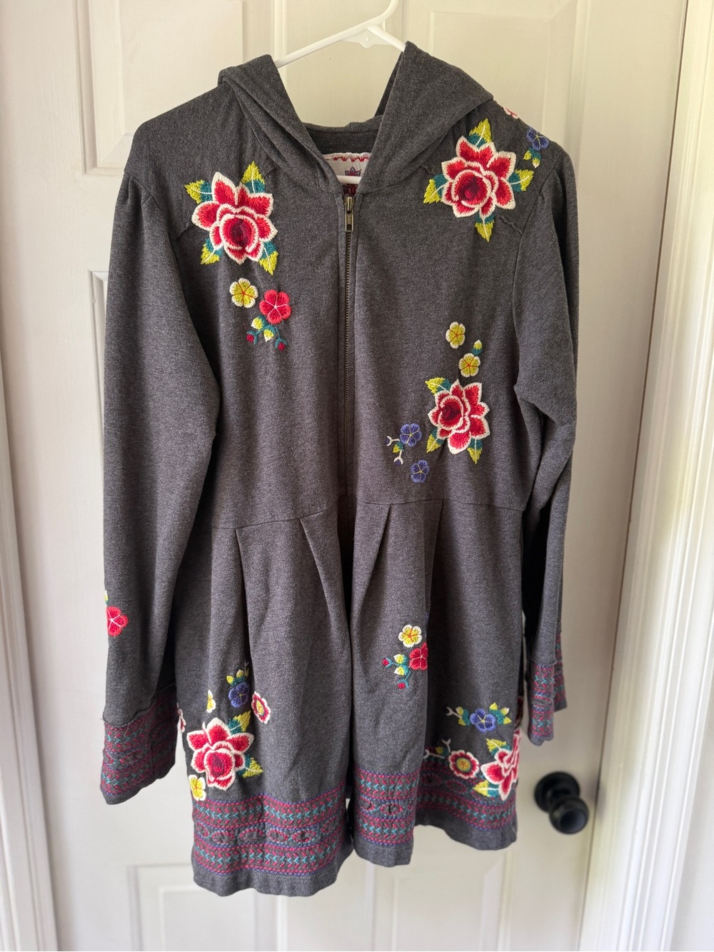 JW JOHNNY WAS Double Zip Peplum Floral Embroidered Gray Fleece Hooded Jacket Lg